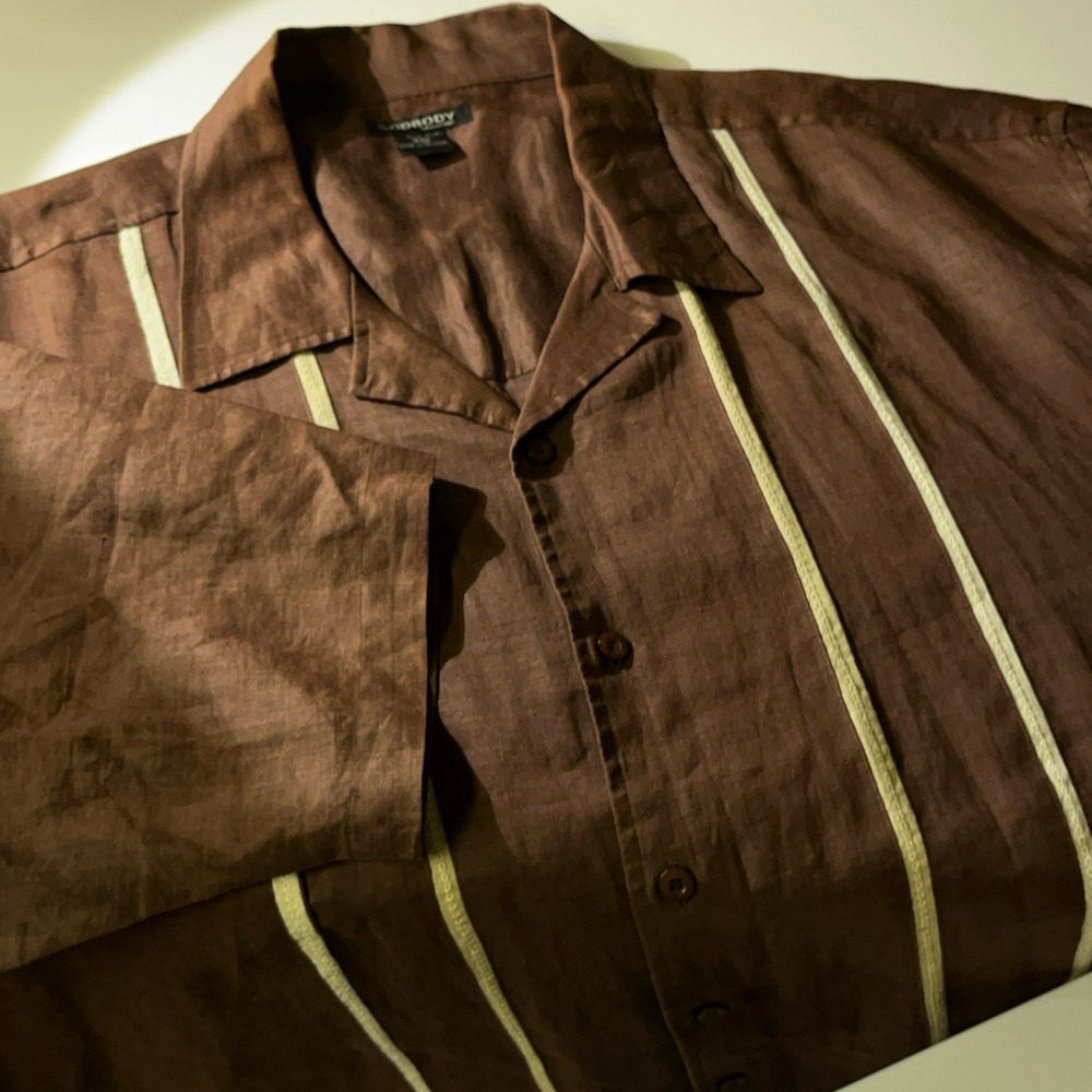 GodBody Mens 3XL Shirt‎ 100% Linen Brown Short Sleeve Button Down Summer Casual
